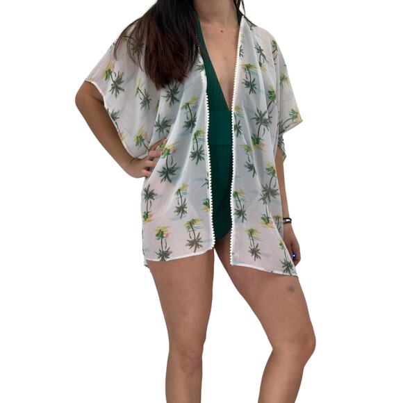 2/$30 FORTUNE Swimwear Cover Up One Size Pom Pom Open Flamingos Palm Trees - Picture 6 of 6